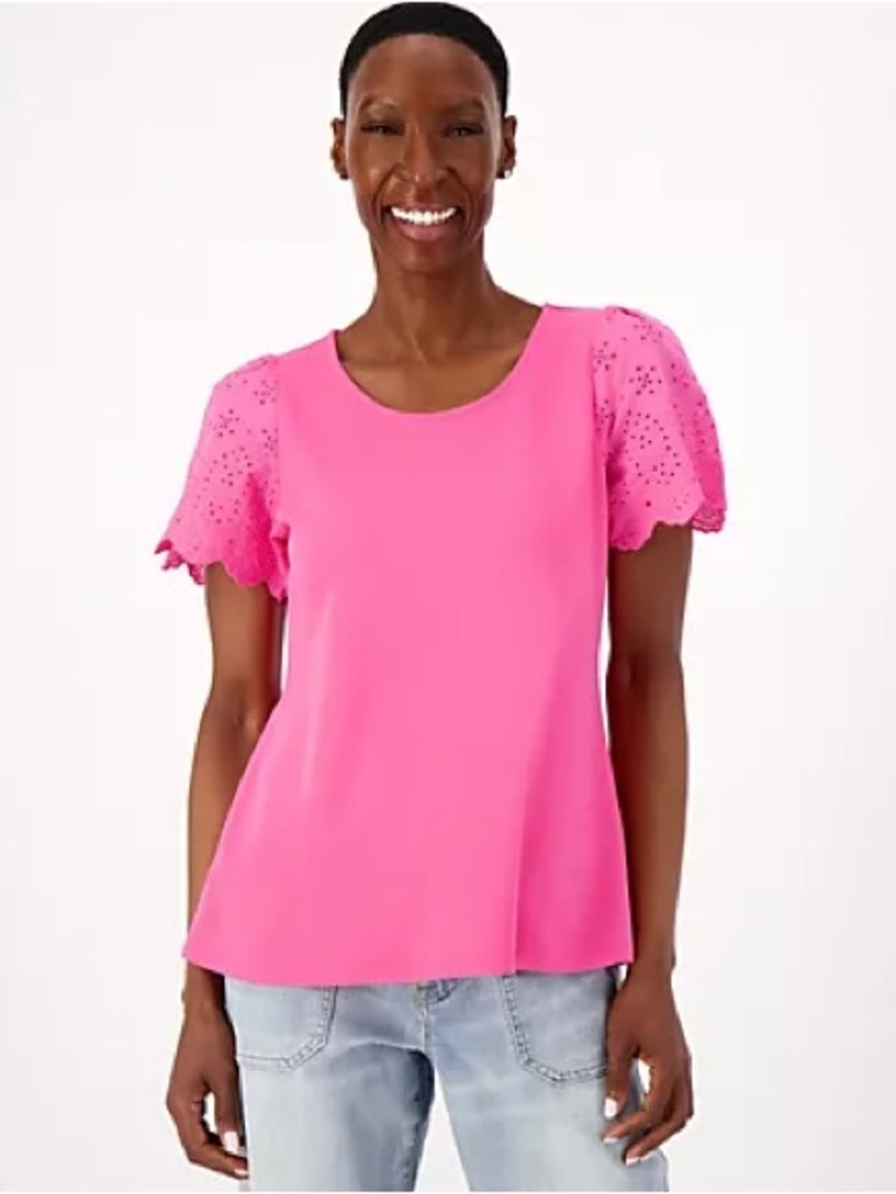 Plus Size Isaac Mizrahi Pink Eyelet Sleeve Top. 3X